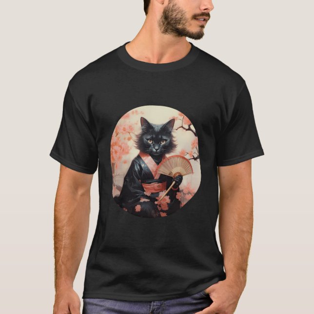 Black Cat Geisha Funny Pet Kimono T-Shirt (Front)