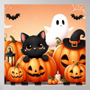 Black Cat, Ghost and Jack-O-Lanterns Poster