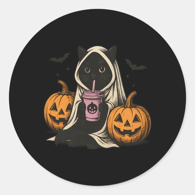 Black Cat Ghost Halloween Performance Classic Round Sticker (Front)
