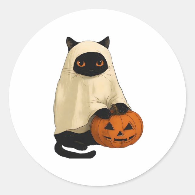 Black Cat Ghost with Pumpkin Essential T-Shirt Classic Round Sticker (Front)