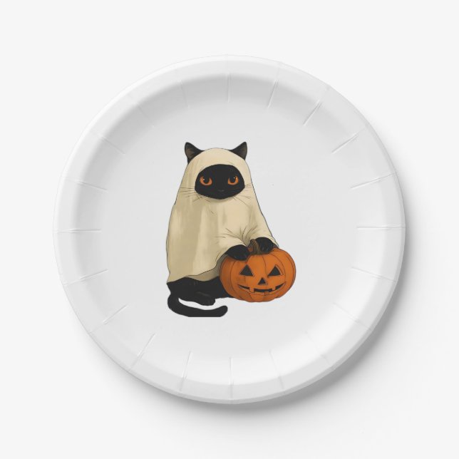 Black Cat Ghost with Pumpkin Essential T-Shirt Paper Plate (Front)
