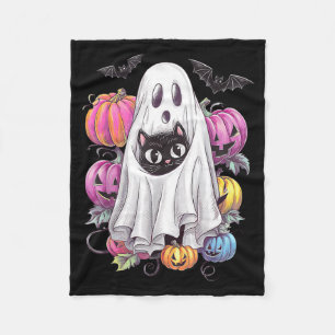 Black Cat Ghost With Pumpkins Spooky Halloween Fleece Blanket