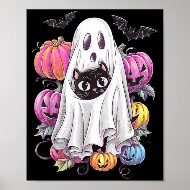 Black Cat Ghost With Pumpkins Spooky Halloween Poster (Front)