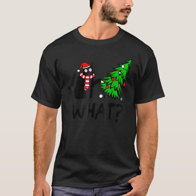 Black Cat Gift Pushing Christmas Tree Over Cat Wha T-Shirt (Front)