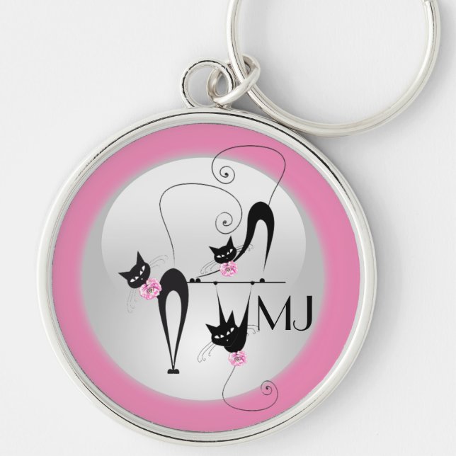 Black cat girly pink monogram keychain (Front)