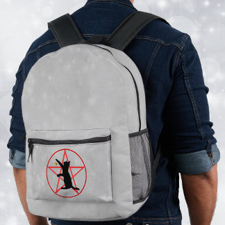 Black Cat Gold Star Pentagram Circl on Grey White  Printed Backpack