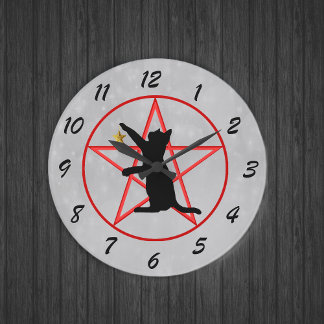 Black Cat Golden Star Red Pentagram Circle Grey Large Clock