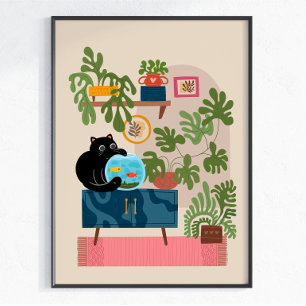 Black Cat Goldfish Playful Cat Lover Poster