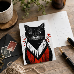 Black Cat Gothic Art Red Black Modern Feline Postcard