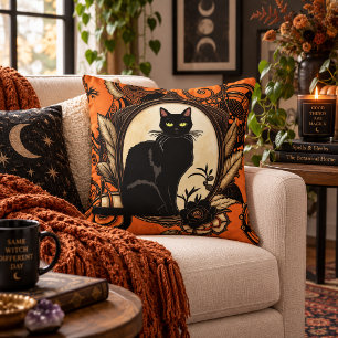 Black Cat Gothic Halloween Folk Art Design Throw Pillow