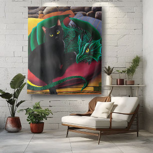 Black Cat Green Dragon Tapestry