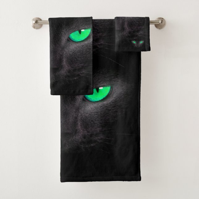 Black Cat Green Eyes Bathroom Towel Set (Insitu)