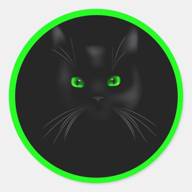 Black Cat Green Eyes Classic Round Stickers (Front)