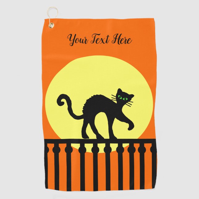 Black Cat Green Eyes on Fence Yellow Moon Orange Golf Towel (Front)