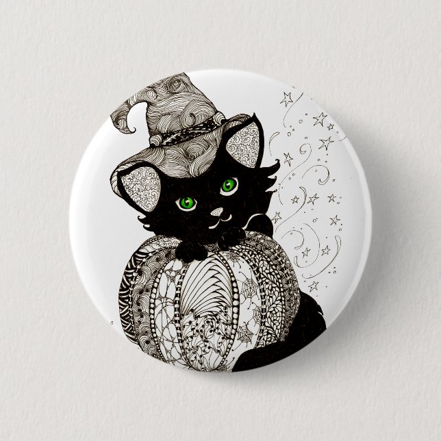 Black Cat Green Eyes Pumpkin 2 Inch Round Button (Front)