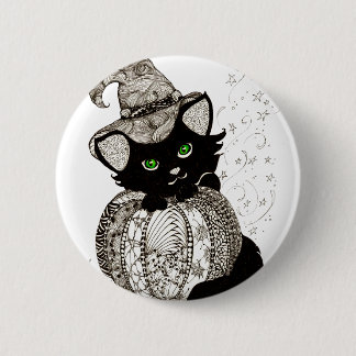Black Cat Green Eyes Pumpkin 2 Inch Round Button