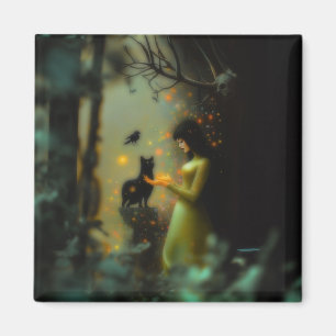 Black Cat Green Forest Occult Dark Witchy AI Art Magnet