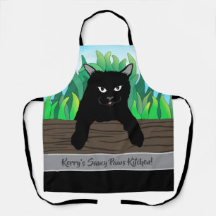 Black cat green grass, grey band, Medium Apron