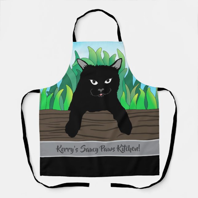 Black cat green grass, grey band, Medium Apron (Front)