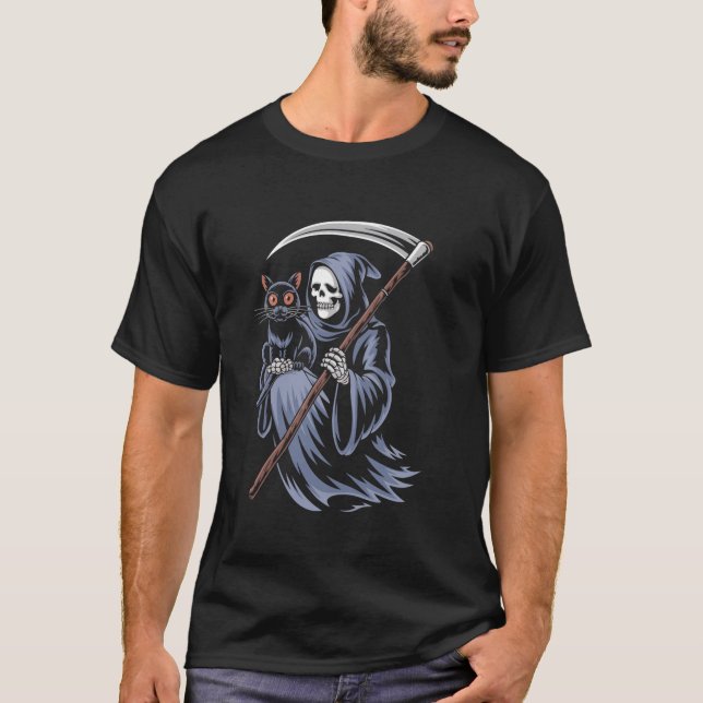 Black Cat Grim Reaper T Shirt (Front)