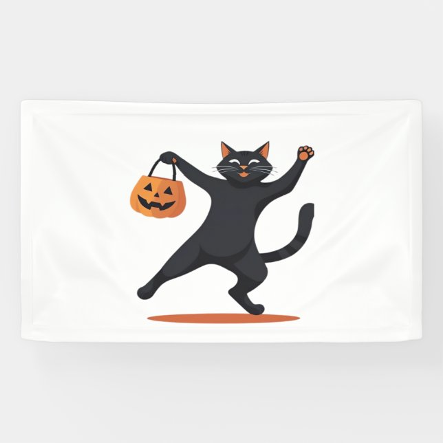 Black cat grooving at the Halloween bash, swinging Banner (Horizontal)
