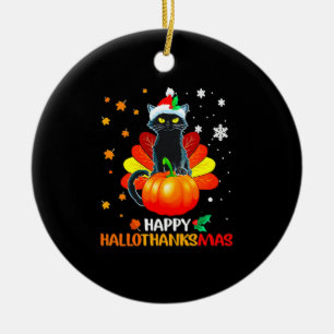 Black Cat Halloween And Merry Christmas Happy Hall Ceramic Ornament