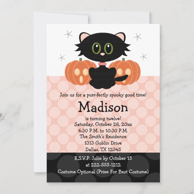 Black Cat Halloween Birthday Invitations (Front)