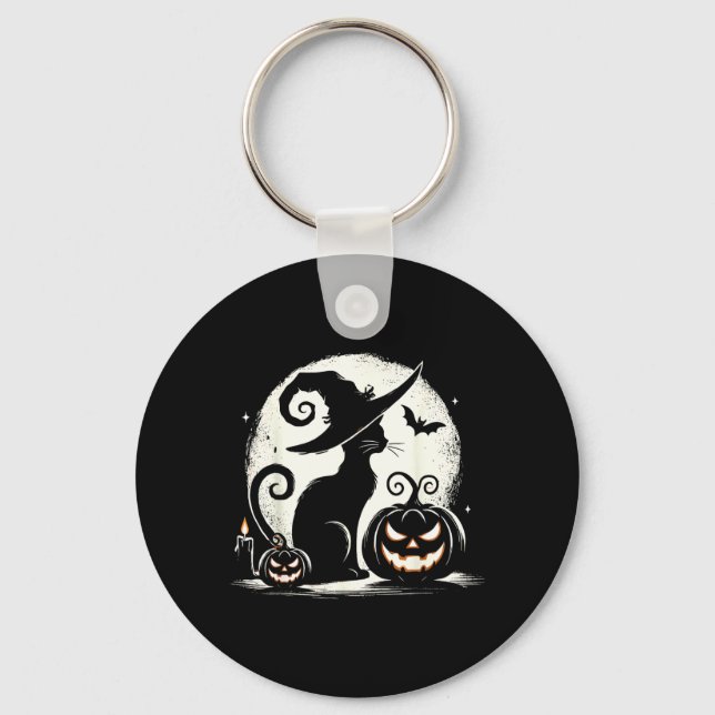 Black Cat Halloween Cat Lovers Keychain (Front)