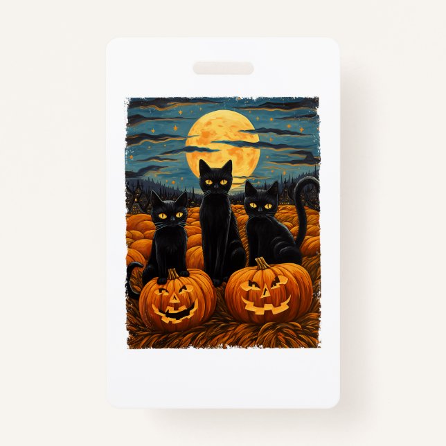 Black Cat Halloween Cat Lovers Starry Night Cat Va Badge (Front)