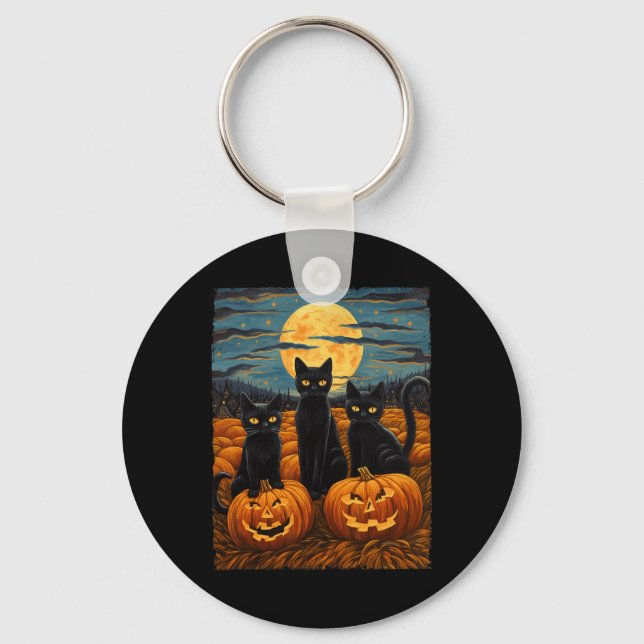 Black Cat Halloween Cat Lovers Starry Night Cat Va Keychain (Front)