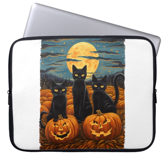 Black Cat Halloween Cat Lovers Starry Night Cat Va Laptop Sleeve (Front)