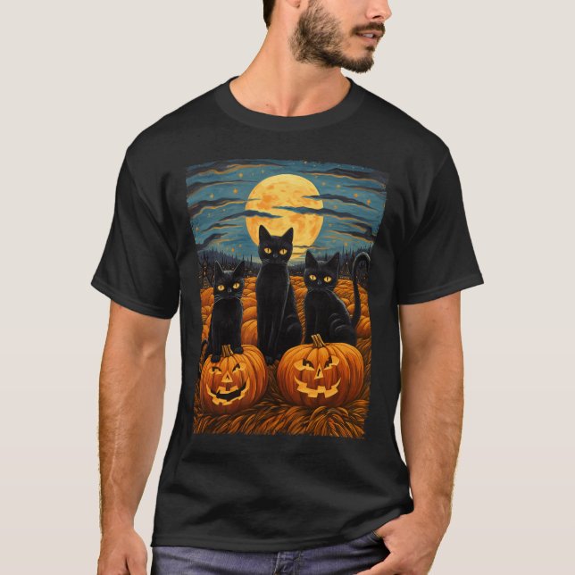 Black Cat Halloween Cat Lovers Starry Night Cat Va T-Shirt (Front)