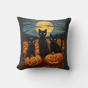 Black Cat Halloween Cat Lovers Starry Night Cat Va Throw Pillow