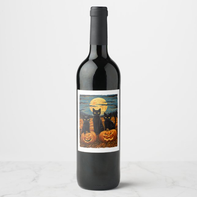 Black Cat Halloween Cat Lovers Starry Night Cat Va Wine Label (Front)