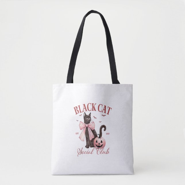 Black Cat Halloween Coquette Social Club Pink Bow  Tote Bag (Front)