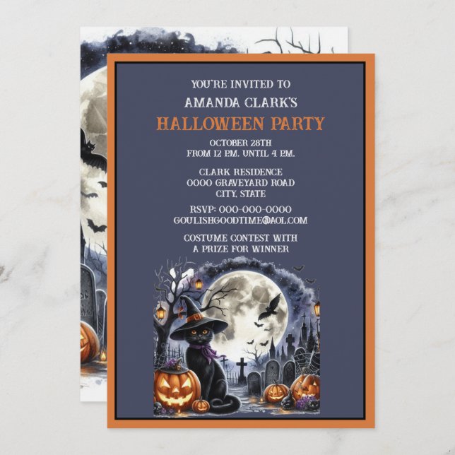 Black Cat Halloween Costume Party  Invitation (Front/Back)