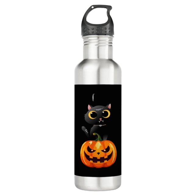 Black Cat Halloween Design � Spooky Pumpkin Art fo 710 Ml Water Bottle (Front)