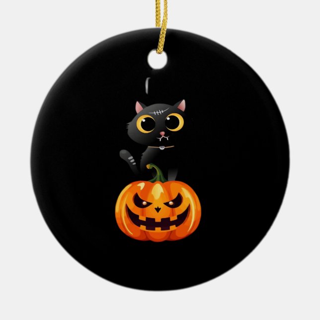 Black Cat Halloween Design � Spooky Pumpkin Art fo Ceramic Ornament (Front)