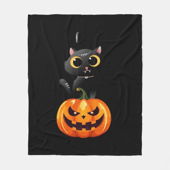 Black Cat Halloween Design – Spooky Pumpkin Art fo Fleece Blanket (Front)