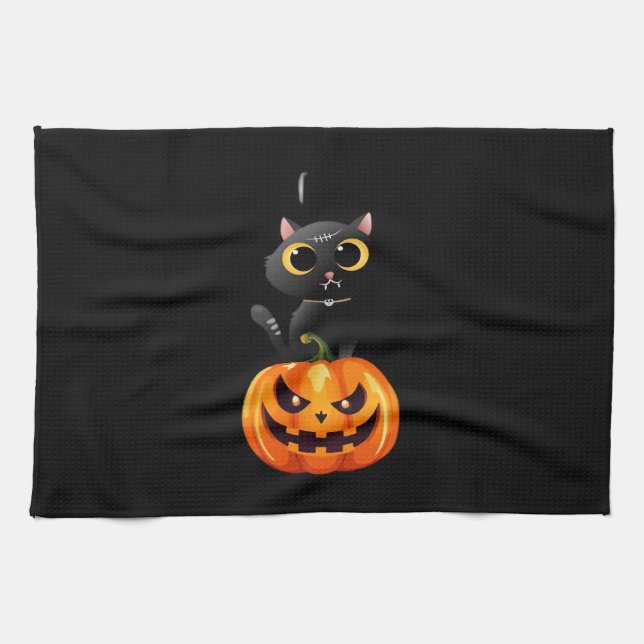 Black Cat Halloween Design � Spooky Pumpkin Art fo Kitchen Towel (Horizontal)