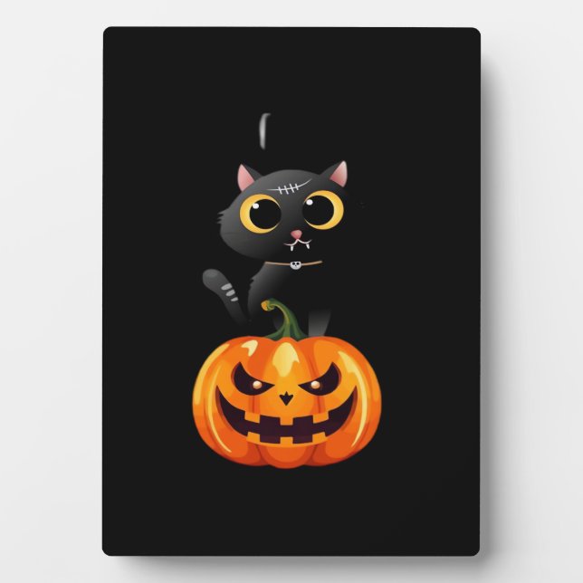 Black Cat Halloween Design – Spooky Pumpkin Art fo Plaque (Front)