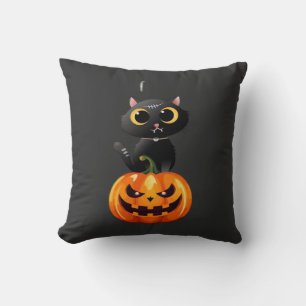 Black Cat Halloween Design � Spooky Pumpkin Art fo Throw Pillow