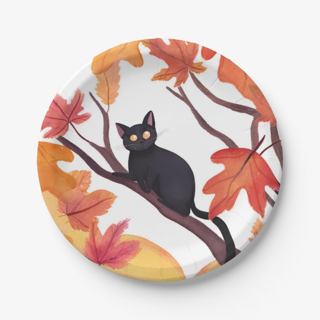 Black Cat Halloween Fall Autumn Paper Plate (Front)