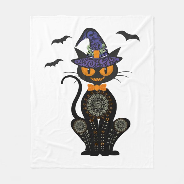 Black Cat Halloween Fleece Blanket (Front)