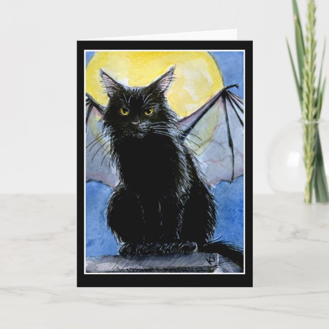 Black Cat Halloween gargoyle greeting card (Front)