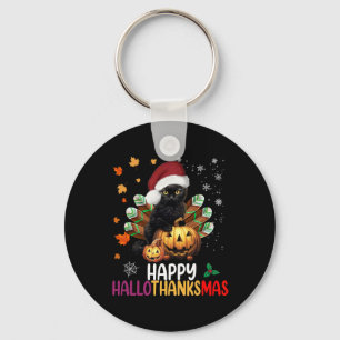 Black Cat Halloween Happy Hallothanksmas Merry Chr Keychain