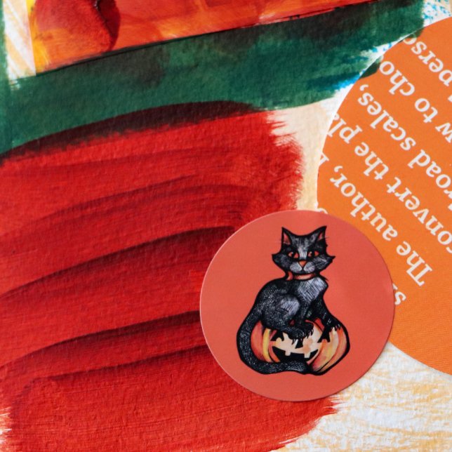 Black Cat Halloween Jack O Lantern                 Classic Round Sticker (Creator Uploaded)