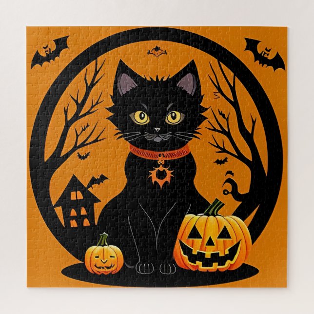 Black Cat Halloween Jack O Lantern Scene Jigsaw Puzzle (Vertical)