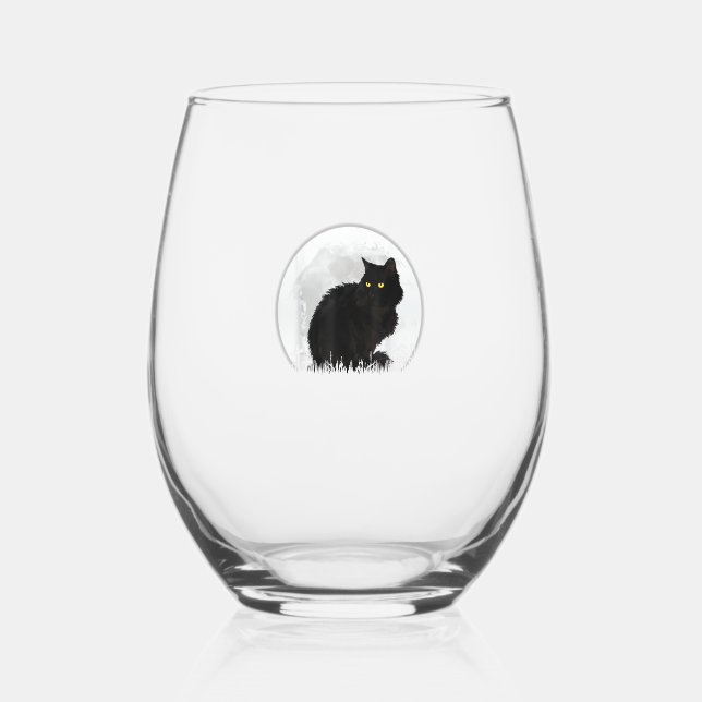 Black Cat Halloween Moon Cat  Stemless Wine Glass (Front)