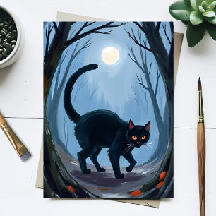 Black Cat Halloween Moon Watercolor Holiday Postcard
